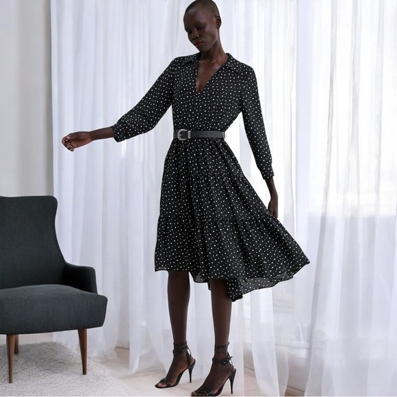 Zara Black and White Polka Dot Deep V-Neck Midi Dress Size XL - Picture 1 of 11